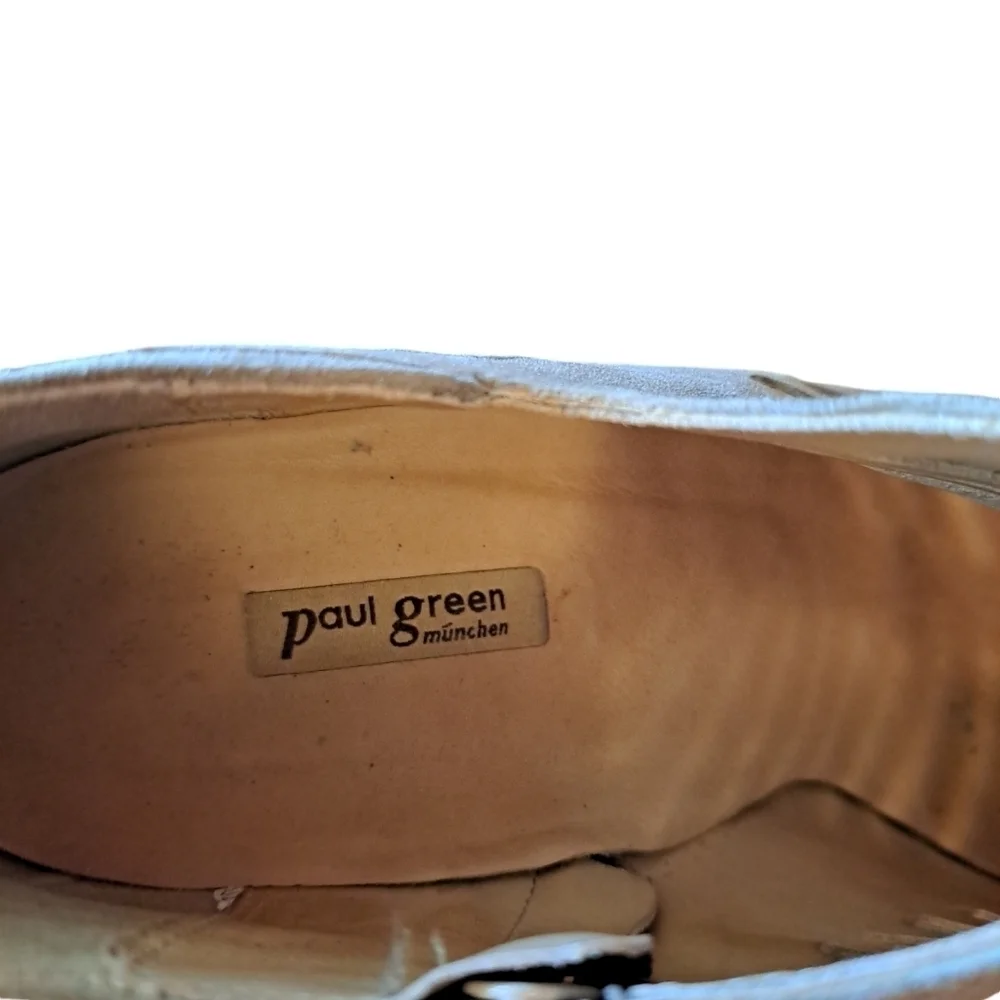 Paul green munchen gold suede peep toe booties wood heel 10 1/2